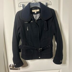 Y2K Laundry by Shelli Segal Black & Navy Wool Moto Jacket with Belt Size Small